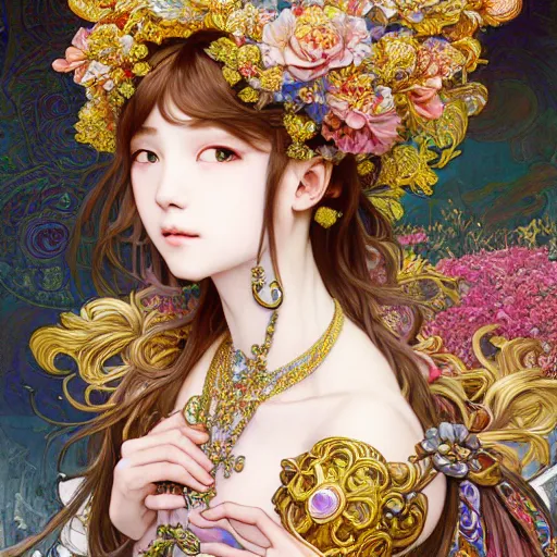 Image similar to a masterpiece ultrarealistic ultradetailed portrait of beautiful love jewelry mecha genius witch girl on fruits street market baroque renaissance. medium shot, intricate, elegant, by stanley artgerm lau, wlop, alphonse mucha, rossdraws, andrei riabovitchev, yoshitaka amano. flower background my james jeand and takashi murakami.