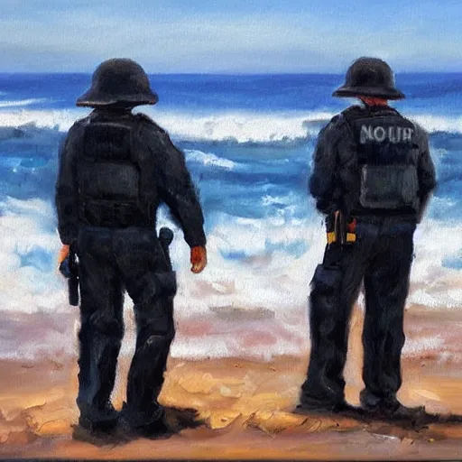 Prompt: dea arresting drug dealers on a beach, oil painting, very detailed, 4 k