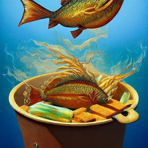 Image similar to surprised fish sitting on the top of a pile of fish, all the fish are inside a cooking pot on fire, side view, by vladimir kush, dystopian art, rococo