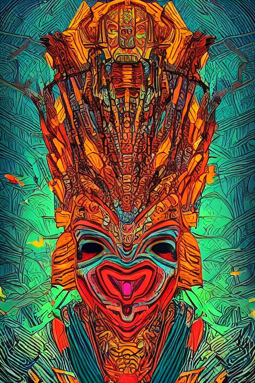 Image similar to totem animal tribal chaman vodoo mask feather gemstone plant video game illustration vivid color borderlands and by feng zhu and laurie greasley, victo ngai, andreas rocha, john harris radiating a glowing aura