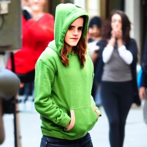 Prompt: emma watson as an avocado chair in avocado hoodie