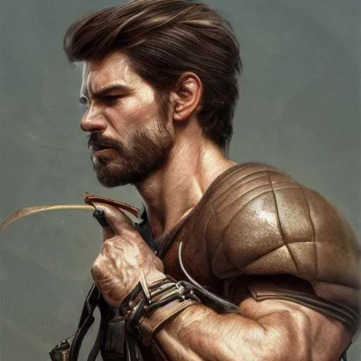 Image similar to portrait of a young, ruggedly handsome ranger, soft hair, muscular, half body, leather, fantasy, intricate, elegant, highly detailed, digital painting, artstation, concept art, smooth, sharp focus, illustration, art by artgerm and greg rutkowski and alphonse mucha