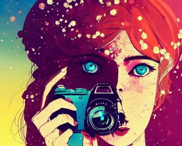 Image similar to pale young woman with bright blonde hair, freckles, blue eyes and a wide face, flowery dress, she is holding a professional dslr camera close to her face, dramatic lighting, bright flare, surreal art by conrad roset