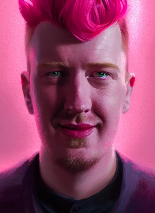 Prompt: portrait of josh homme, realistic, smile, ugly, defined jawline, big chin, pink hair bow, intricate, elegant, glowing lights, highly detailed, digital painting, artstation, sharp focus, illustration, art by wlop, mars ravelo and greg rutkowski