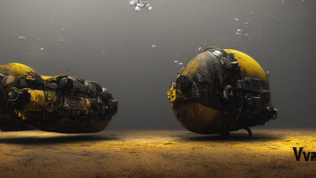 Image similar to a photorealistic dramatic hyperrealistic underwater render of an deep sea submersible, ultra realistic details, glossy yellow, well worn, rust, oil stains by vitaly bulgarov and mike nash, beautiful dramatic dark moody tones and lighting, cinematic atmosphere, global illumination, shadows, dark background, octane render, 8 k