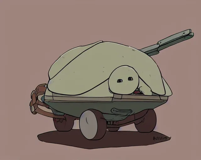 Prompt: a study of cell shaded cartoon of a grey mechanized turtle from howl's moving castle ( 2 0 0 4 ) on a desert road, full body, wide shot, muted colors, post grunge, studio ghibli, laurie greasley, highly detailed, deviantart, art by artgem