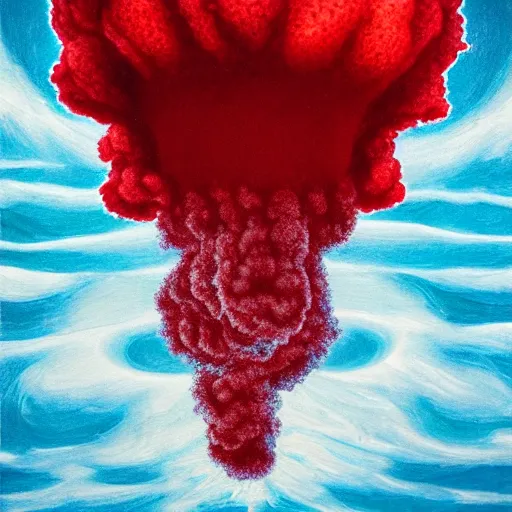 Image similar to detailed painting of a red, white and blue nuclear explosion in a city on the fourth of july in the style of m. c. escher, junji ito and beeple, patriotic, mushroom cloud, american flag, 8 k resolution, metal shaded