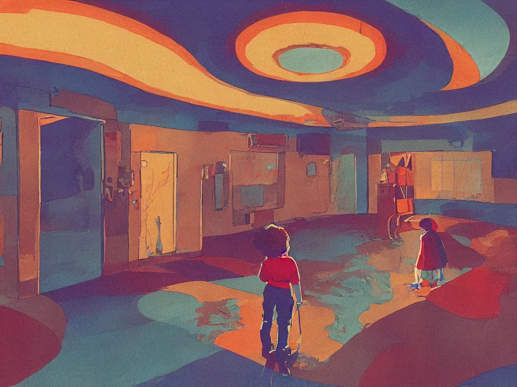 Prompt: lone girl waiting inside a 70s cinema, stanley kubrick the shinning, vibrant colors americana, cinematic, volumetric lighting, ultra wide angle view, realistic, detailed children's illustration