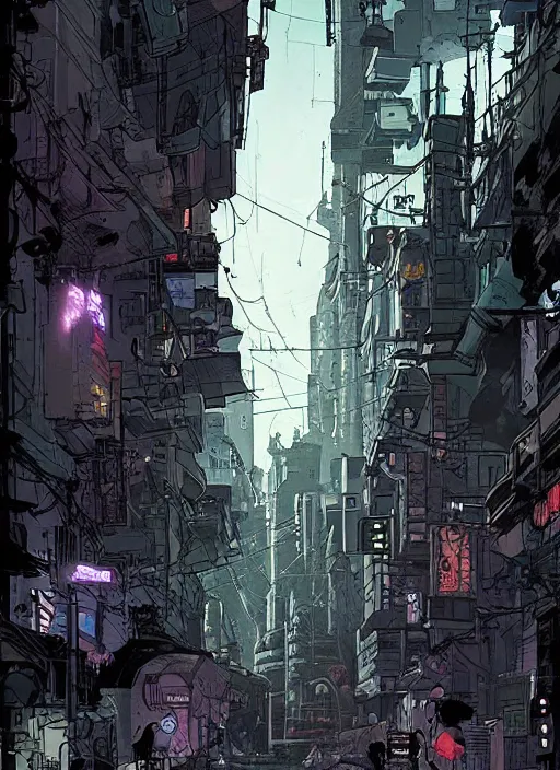 Prompt: cyberpunk city street, mike mignola style, comics, beautiful composition, wide angle, cinematic, volumetric lighting, intricate details