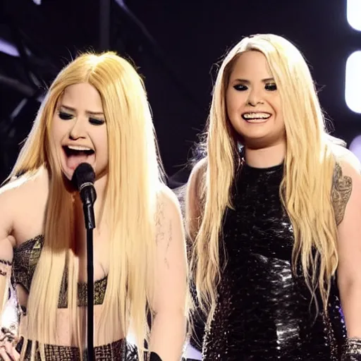 Image similar to Avril Lavigne and Demi Lovato preforming live on stage at the Grammys, high quality, HD, 4k, 8k