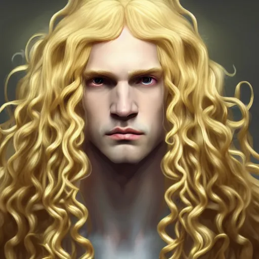 Image similar to Lucius the pale blond androgynous god of the sun, highly detailed, very very very long curly golden blond hair, baroque curls, curtain bangs, central parted fringe, extremely luscious curly blond hair, very very very pale white skin, digital painting, artstation, concept art, soft light, sharp focus, illustration