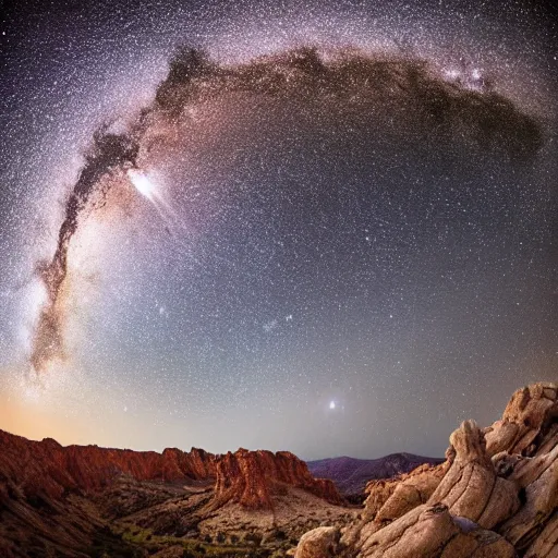 Image similar to a hyper realistic photograph of the milky way galaxy shining from above a rock canyon, award winning