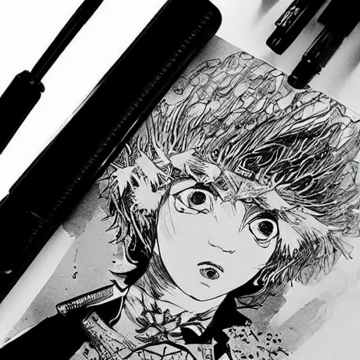 Image similar to black and white pen and ink!!!! aesthetic instagram artstation trending royal! nordic goetic Raiden x Frank Zappa golden!!!! Vagabond!!!! floating magic swordsman!!!! glides through a beautiful!!!!!!! floral!! battlefield dramatic esoteric!!!!!! pen and ink!!!!! illustrated in high detail!!!!!!!! by Koyoharu Gotouge and Hiroya Oku!!!!!!!!! graphic novel published on 2049 award winning!!!! full body portrait!!!!! action exposition manga panel black and white Shonen Jump issue by David Lynch eraserhead and Frank Miller beautiful line art Hirohiko Araki