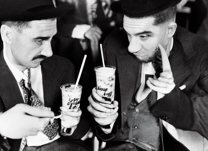 Image similar to a 35mm photograph from the 1930's of two mean looking gangsters sharing a milkshake with two straws, bokeh, Canon 50mm, cinematic lighting, photography, retro, film, Kodachrome, closeup