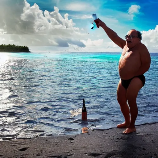 Prompt: danny devito in a bikini serves you an umbrella drink on the beach in tahiti, beautiful sky, bright sun, vacation, magical place, adorable, style of Vedran Klemens and Boris Kuzmanovic