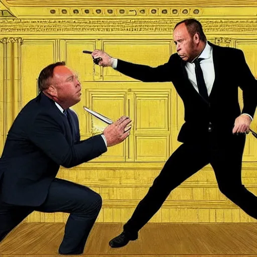 Image similar to alex jones fighting alex jones fighting alex jones in a courtroom, golden ratio, renaissance painting,