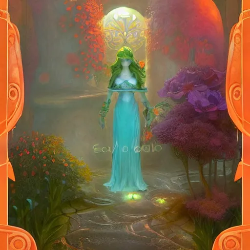 Image similar to dreamlike zelda garden fantasycore , glossy painting, Art Nouveau Cosmic 4k Detailed Matte Illustration featured on Getty Images ,CGSociety, Jade and Carrot orange color scheme, Pastiche by Marc Simonetti, Pastiche by Cedric Peyravernay