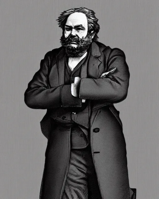 Image similar to Digital communist anime art of Karl Marx by A-1 studios, serious expression, empty warehouse background, highly detailed, spotlight