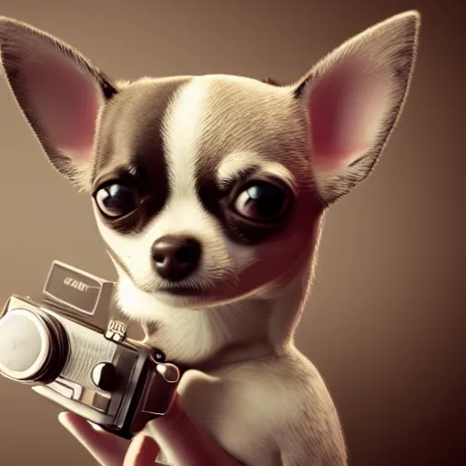 Image similar to chihuahua holding a camera, octane render