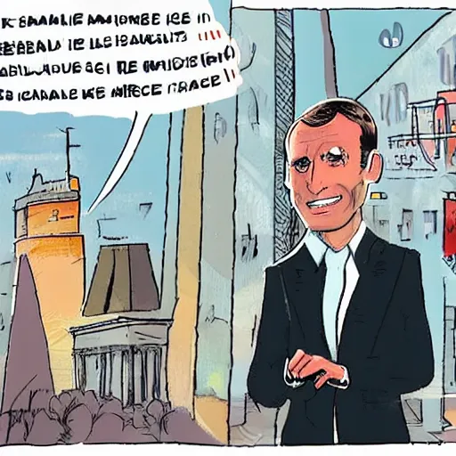 Prompt: emmanuel macron in a comic, presentation of his new program