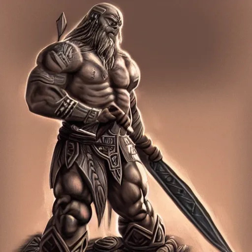 Prompt: frost goliath, with a two handed axe, tribal tattoos, very muscular, large fists, fantasy, d & d, intricate, detailed 4 k, trending on artstation, smooth, sharp focus