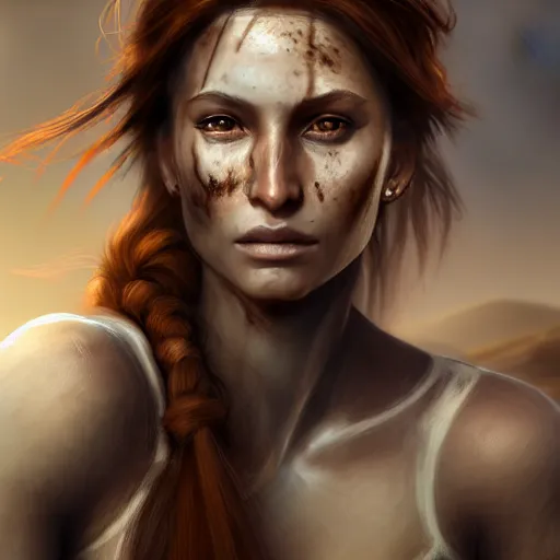Prompt: fantasy concept art, frontal portrait of a clean faced young woman!!, auburn hair in a ponytail, attractive, sun - kissed face, natural makeup, athletic, slavic features, serious demeanor, ( tomb raider ), desert background, in the style of ruan jia, high detail, uplit, 8 k