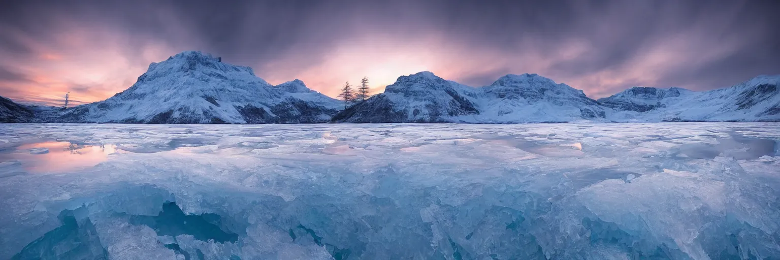 Image similar to amazing landscape photo of a Frozen Giant stuck under the ice transparent frozen lake at sunset by marc adamus beautiful dramatic lighting