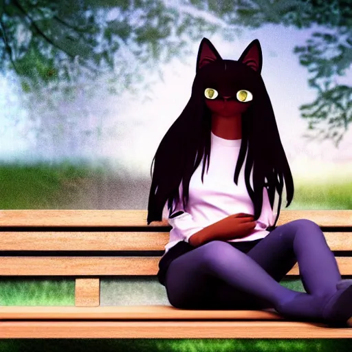 Prompt: 3 d photo of bill cosby with cat ears and long hair looking to her side, sitting on a bench with a park behind her, bokeh, shader, anime art style, highly detailed, cel - shaded, colorful, animated, trending