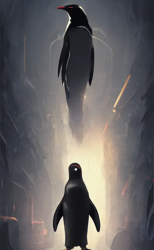 Image similar to award winner movie poster, dark cybernetic - penguin, cinematic light, trending on artstation, concept art by greg rutkowski