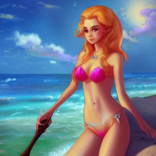 Image similar to beautiful princess peach in a bikini on the beach drawn by charlie bowater