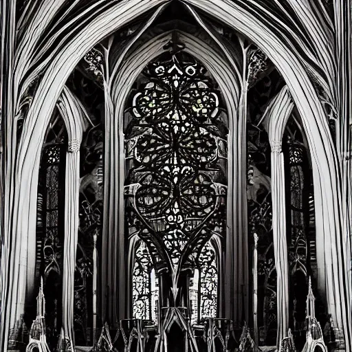 Image similar to a white marble gothic cathedral with mandala windows, a gothic girl dressed in black