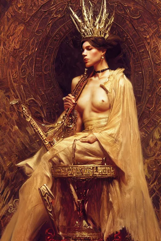 Image similar to full body portrait of seraphim queen sitting on her bone throne, highly detailed painting by gaston bussiere, craig mullins, j. c. leyendecker, 8 k, mid shot
