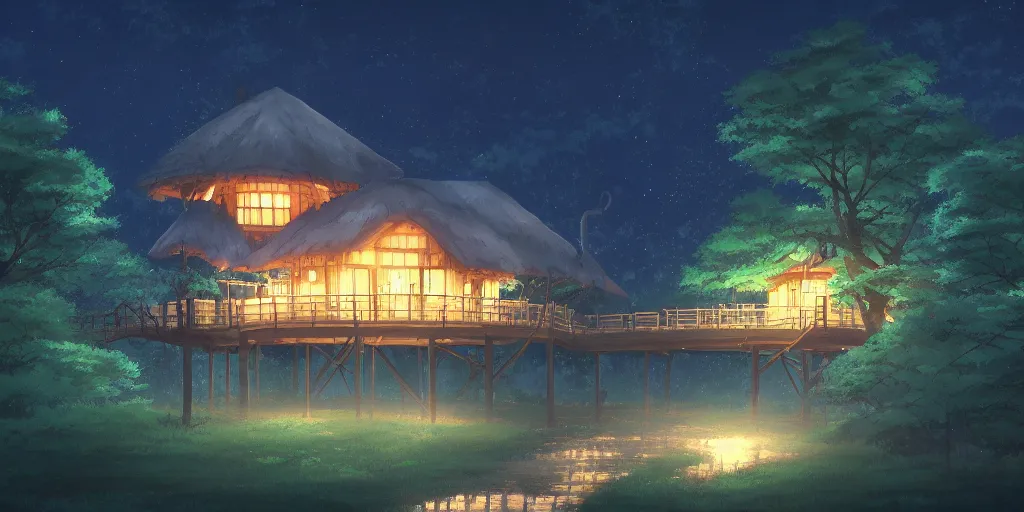 Image similar to beautiful anime painting of a treehouse at nighttime, by makoto shinkai, koto no ha no niwa, artstation, atmospheric.