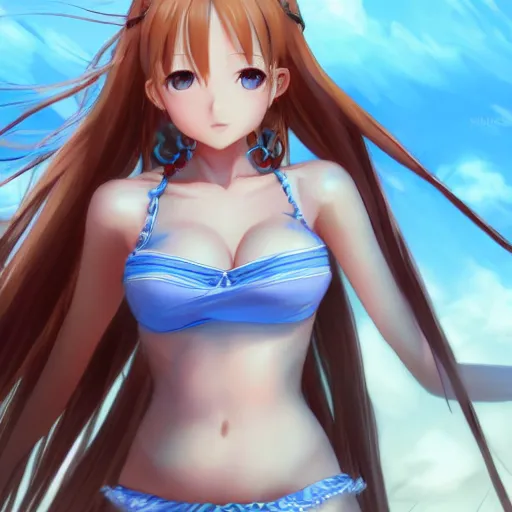 Image similar to a very beautiful young yuuki asuna, full body, long wavy blond hair, sky blue eyes, full round face,, bikini, miniskirt, front view, mid - shot, highly detailed, cinematic wallpaper by stanley artgerm lau