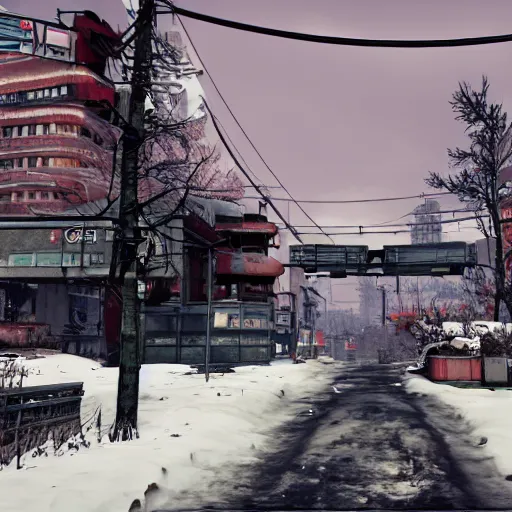 Image similar to Sapporo in the winter in ruins post-nuclear war in Fallout 4, in game screenshot