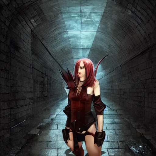Image similar to a school boy and intimidating by a succubus in a leather suit leaning on a cracked brick wall, devil wings, long hallway, seductivelight at the end of the tunnel, volumetric lighting, concept art, detailed, dramatic lighting, by wlop, artgerm