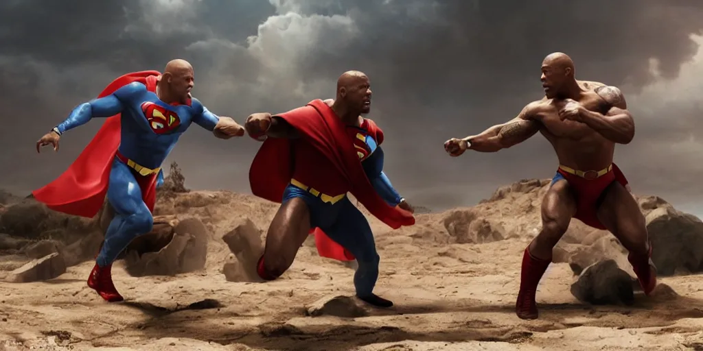 Image similar to kevin hart beating up the dwayne johnson in a superman costume, masterpiece, highly detailed, high quality, 4 k, anatomically correct, hyperrealistic, concept art, octane render, unreal engine 5, trending on artstation, trending on deviantart, matte, historical painting, fantasy style, path traced, high coherence, soft lighting, digital painting, mythical