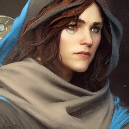 Prompt: a female wizard with brown hair wearing a blue hood, fantasy, highly detailed, digital painting, artstation, concept art, character art, art by greg rutkowski and tyler jacobson and alphonse mucha