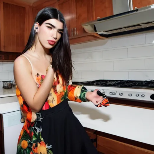 Image similar to Dua Lipa singing a song in the kitchen