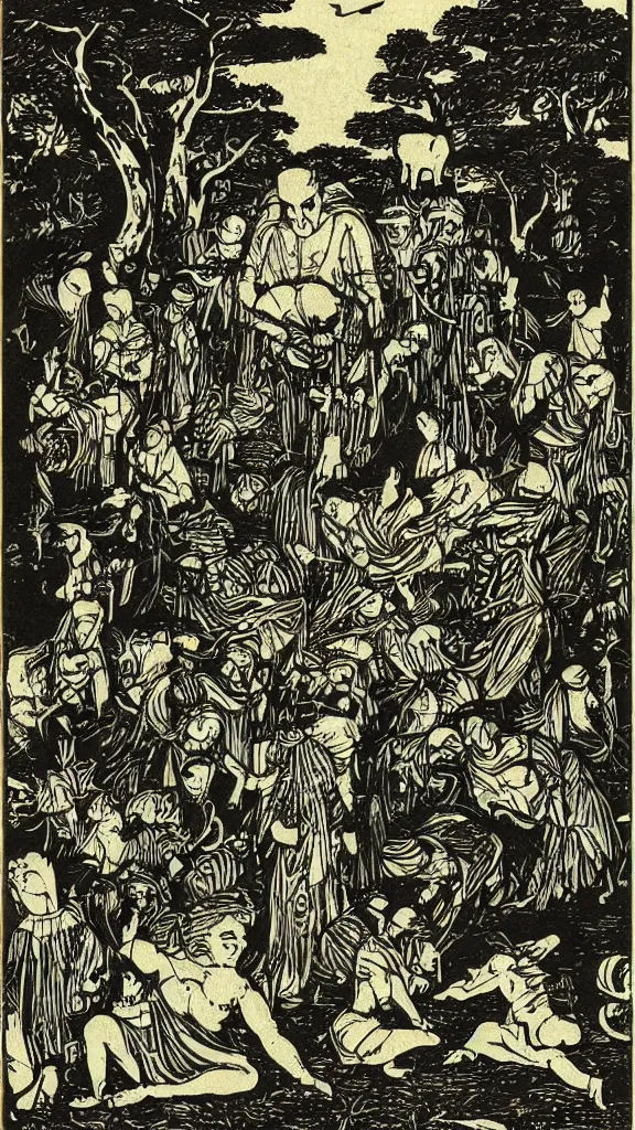 Image similar to a pagan folklore scene, woodblock print by daniel greiner