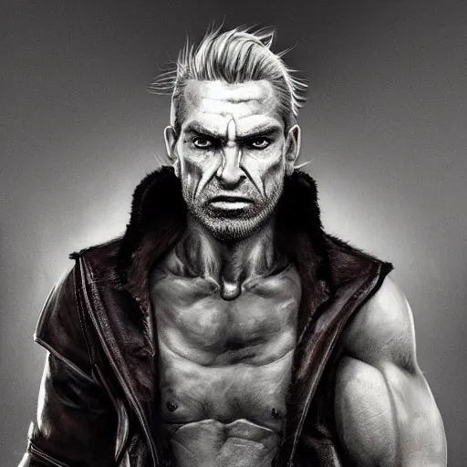 Image similar to portrait of a muscular, grim, ponytail haired blonde man in his late 30's, wearing a thick brown leather coat, looking to his side, scarred face, hunter, DnD character, fantasy character, dramatic lighting, high detail, graphite black and white by Ruan Jia, Krenz Cushart, Rossdraws and Boris Vallejo