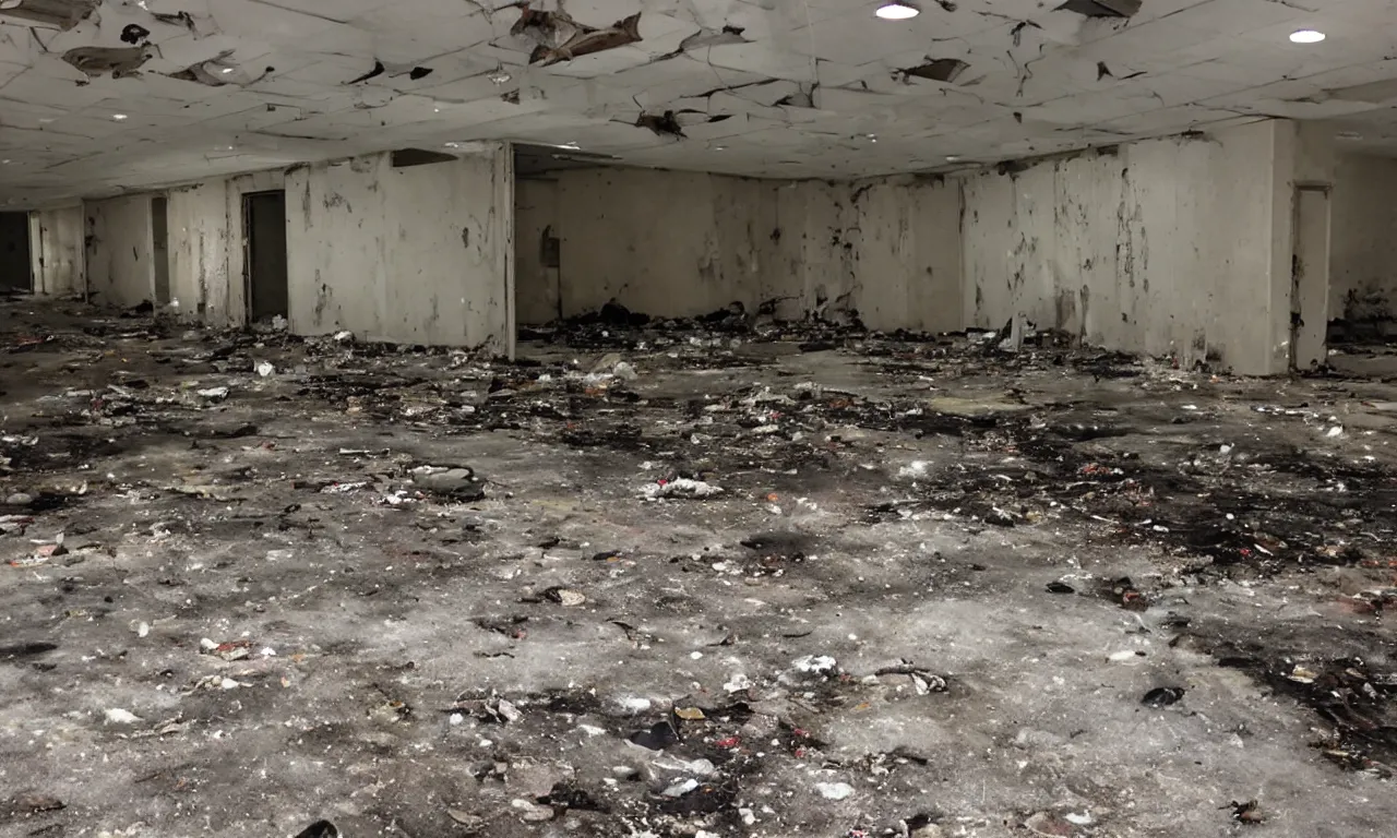 Image similar to backrooms abandoned mall, moldy walls and smoldering garbage