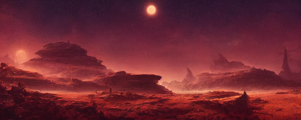 Prompt: ” barren landscape at night, [ cosmic, cinematic, detailed, epic, widescreen, opening, establishing, mattepainting, photorealistic, realistic textures, octane render, art by wlop and paul lehr ] ”