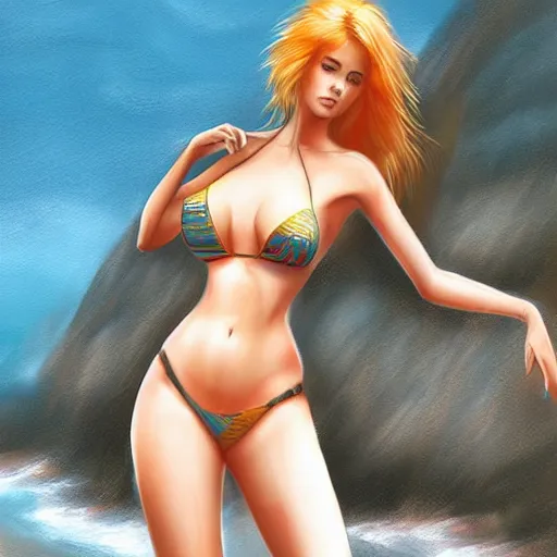 Image similar to beautiful joi from blade runner in a bikini on the beach drawn by artgerm