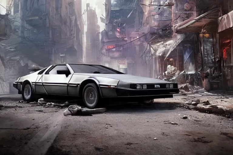 Image similar to highly detailed photorealistic rendering of the delorean from back to the future parked on the streets of a cyberpunk abandoned city, futuristic post - apocalyptic vibe, by greg rutkowski and stanley artgerm and alphonse mucha, octane, sharp focus, hyperrealistic, unreal engine 5, vray, masterpiece