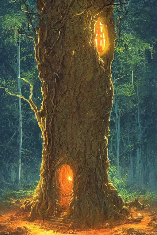 Prompt: a glowing portal to the underworld in a big old tree, concept art by michael whelan