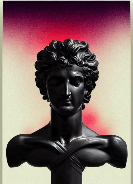 Image similar to elegant dark design poster showing a beautiful greco roman statue of hermes, black background with very subtle red and purple design elements, bold, powerful, nekro, vito acconci, thin straight purple lines, dark, glitch art, neo vaporwave, gritty, layout frame, square, trending on artstation