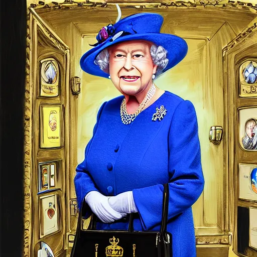 Prompt: Portrait of Queen Elizabeth II with the Tardis behind her, highly detailed, digital painting, concept art, smooth, sharp focus, artstation