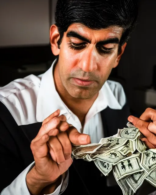 Image similar to film still close - up shot of rishi sunak counting money from the movie monty python's the meaning of life. photographic, photography