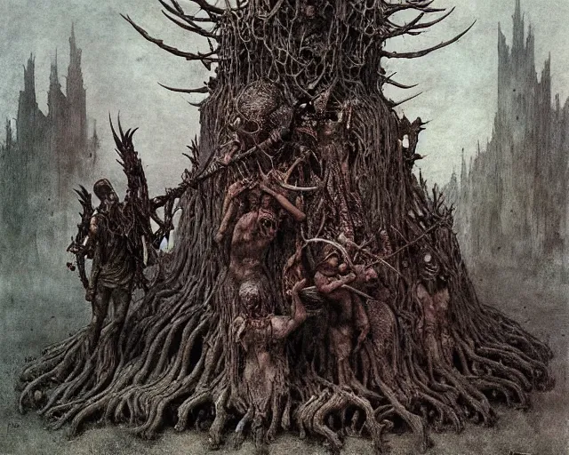 Image similar to Ancient cultic ritual totem made of horns and thorns by kostnice czech, Beksinski, Arthur Rackham, Eugene de Blaas, Dariusz Zawadzki, Wayne Barlowe